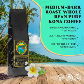 Hawaiian Kona Coffee Whole Bean - 16 oz, Kona Gold Coffee by Kona Gold Rum Co. - Freshly Roasted Medium/Dark Roast Extra Fancy - 100% Kona Coffee | Peach Notes With Creamy Tones