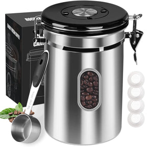 1800ML Airtight Coffee Canister with Date Tracker&Transparent Window, 22.8OZ Coffe Beans Storage with 30ML Measure Spoon&4 co2 Valve, Coffee Container for Grounds Coffee, Beans, Tea, Sugar(Silver)