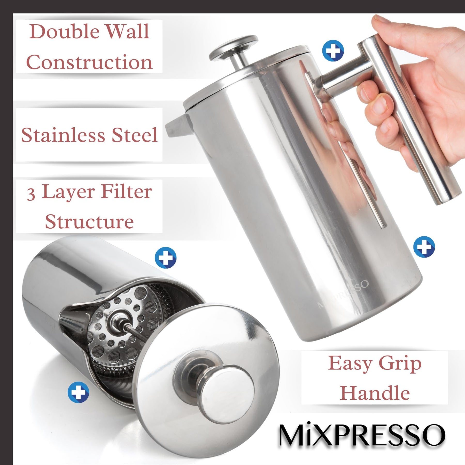 Mixpresso French Press-Kaffeemaschine aus Edelstahl, 27 oz, 800 ml, doppelwandig isolierte French Press aus Edelstahl und Teebereiter, leicht zu reinigen und leicht zu drücken, robuste, hochwertige Kaffeepresse aus Metall.