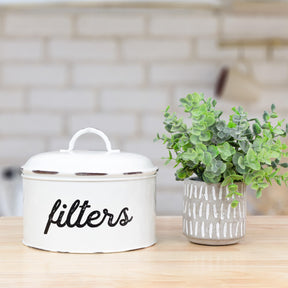 AuldHome Design Basket Coffee Filter Holder, White Enamel Filter Storage Container in Rustic Farmhouse Distressed Enamelware Design