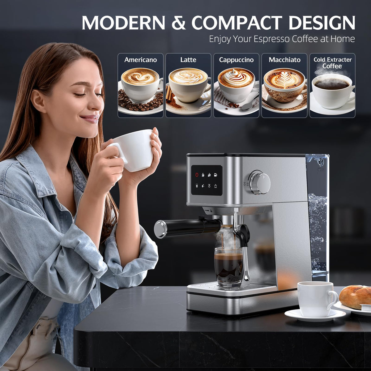 QJA Espressomaschine, 20 Bar professioneller Espressokocher, Milchaufschäumer, Dampfstab für Latte, kompakte Maschine aus Edelstahl mit abnehmbarem 57,5 ​​oz Wassertank und LED-Touchscreen-Monitoren