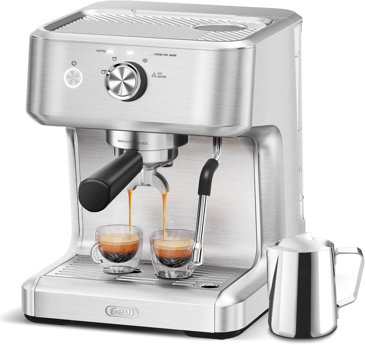 Gevi EzBru 1000 Espressomaschine, Barista-Kaffeemaschine mit einstellbarer Temperatur und Schussmenge, Edelstahl-Cappuccinomaschine mit Milchaufschäumer, Express-Kaffeemaschine für Kaffeeliebhaber