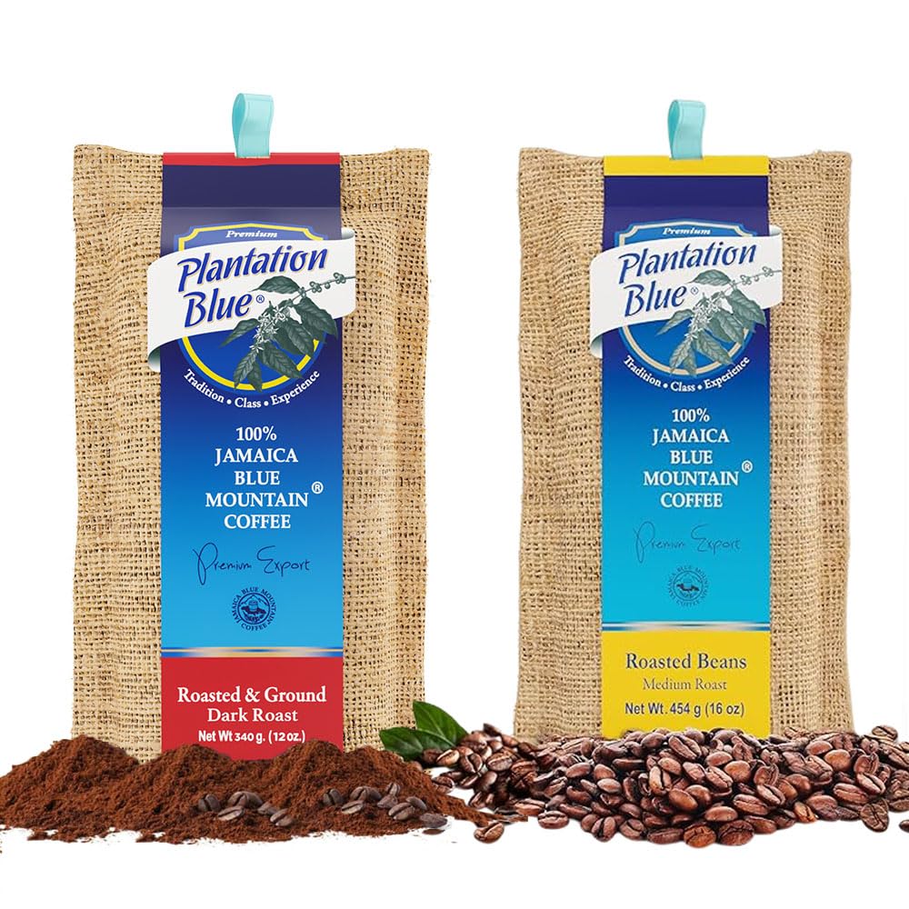 Plantation Blue Mountain Kaffeepaket – 1 Pfund mittelgeröstete Bohnen und 12 Unzen dunkel gerösteter gemahlener Kaffee