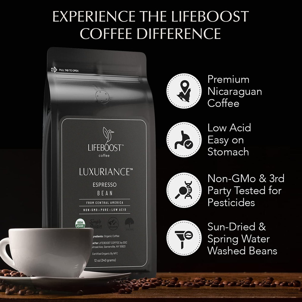 Lifeboost Coffee Organic Espresso Beans Whole - Low Acid Single Origin Organic Coffee - Non-GMO Espresso Coffee - Third Party Tested For Mycotoxins & Pesticides - Whole Bean - 12 Ounces