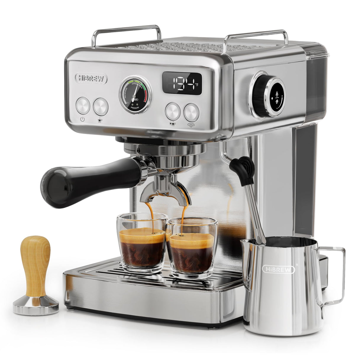 HiBREW H10A – Programmierbare Espressomaschine, gebürsteter Edelstahl, einstellbare Temperatur und Tassenvolumen, 1,8 l abnehmbarer Wassertank, Dampfstab für Milchaufschäumer