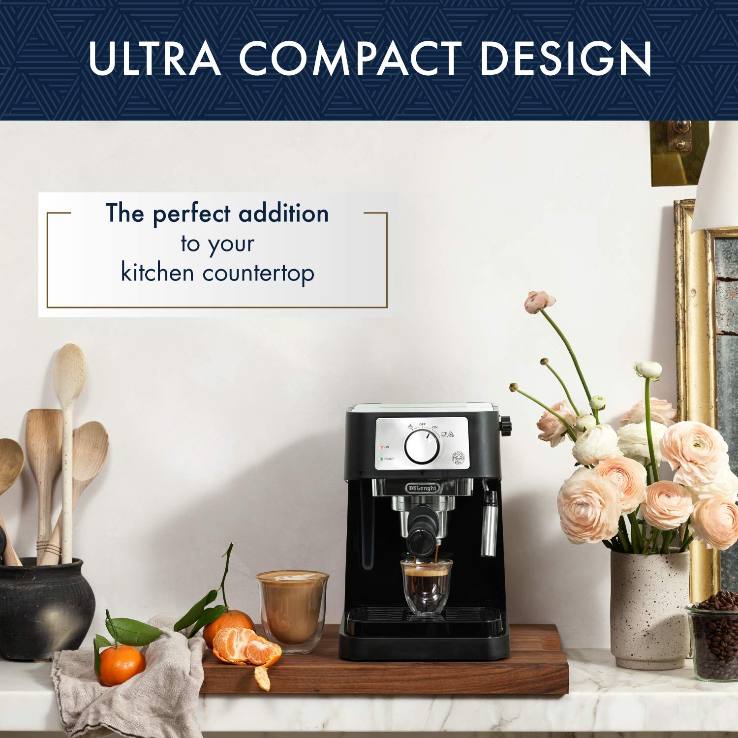 De'Longhi Manual Espresso Machine with 15 Bar Pump, Milk Frother, and 2 Thermo Espresso Glasses