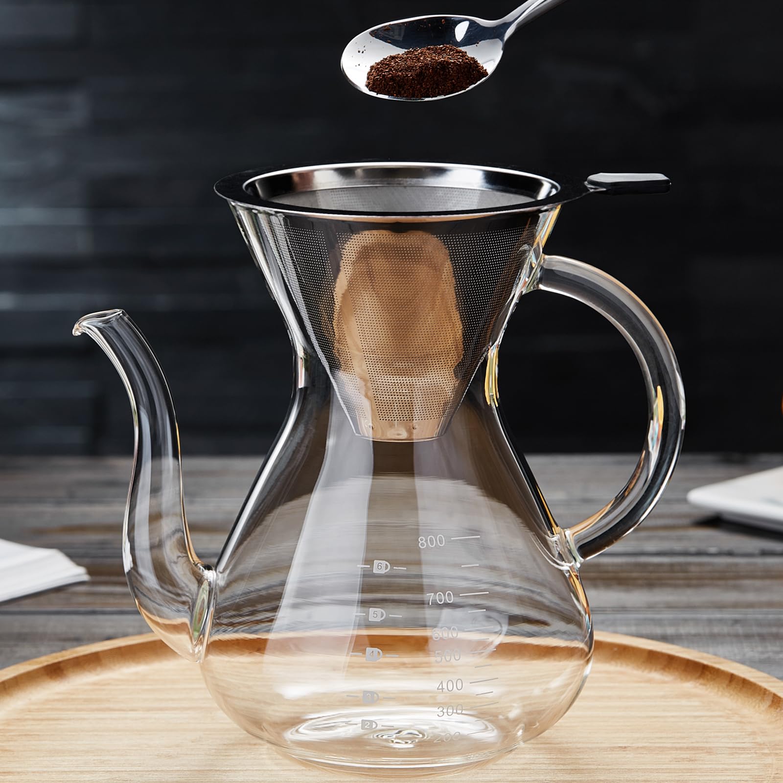 Unzerbrechlicher Pour-Over-Kaffeebereiter mit doppeltem Edelstahlfilter für 8 Tassen, verdickter, hitzebeständiger Pour-Over-Kaffeefilter aus Borosilikatglas, herdplattensicher