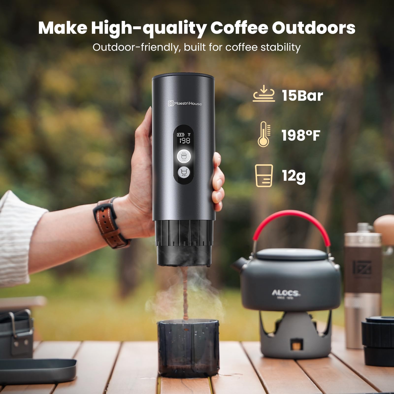 Maestri House 150W Espresso Maker with 2-3 Min Fast Self-Heating, Portable Travel Espresso Coffee Machine with Small Tea Cup Also Holder for NS Capsule & Ground Coffee for Car Camping, RV, Hiking