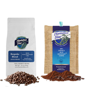 Exquisites Fusion-Paket: 8 oz 100 % gemahlener Jamaica Blue Mountain-Kaffee + 1 Pfund maßgeschneiderte Mischung aus ganzen Bohnen