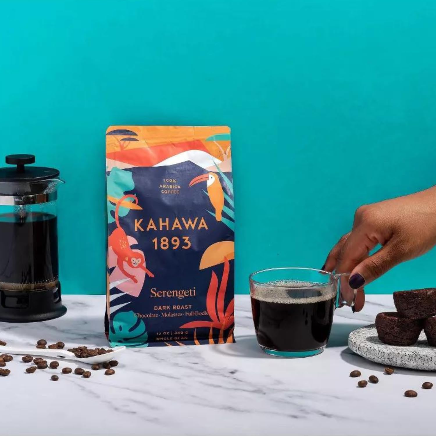 KAHAWA 1893 - Whole Coffee Beans - Serengeti Blend - Perfect Freshly Brewed - As Seen on Shark Tank - Dark Roast - Directly Farmer Sourced from East Africa - Tasting Notes: Chocolate & Molasses -2ct