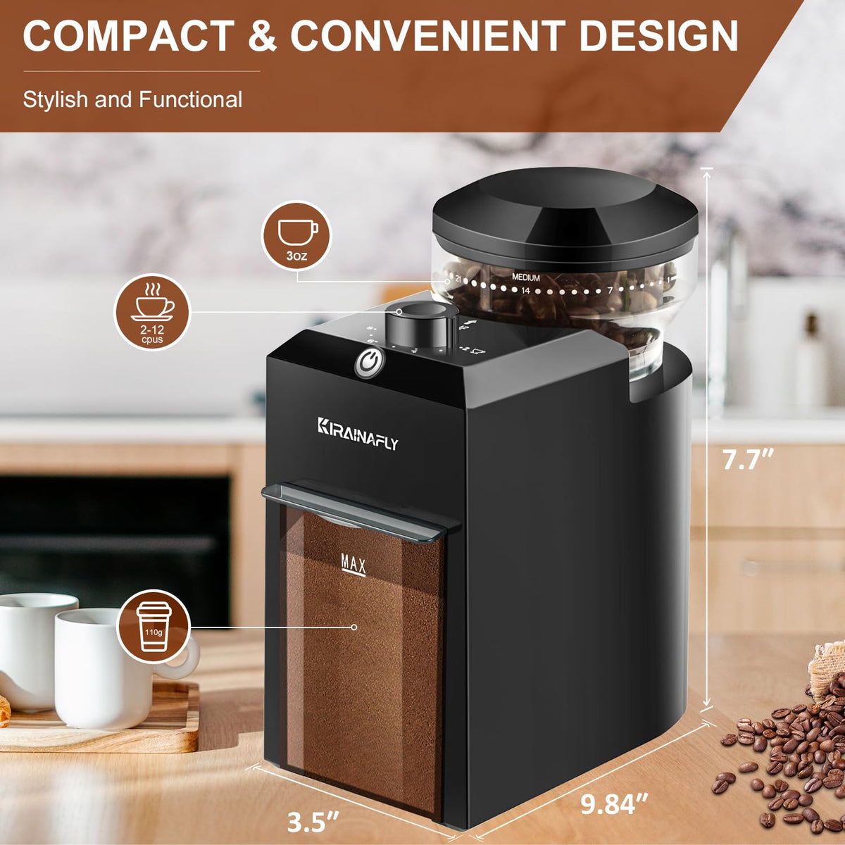 KIRAINAFLY Electric Burr Coffee Grinder,Adjustable coffee grinder with 28 Precise Grind Setting for French Press, Drip Coffee and Espresso,12 Cups, Black