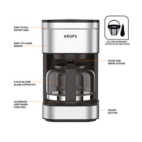 KRUPS シンプルブリュー コンパクト 5カップ コーヒーメーカー: ステンレススチールデザイン、一時停止&amp;抽出機能、保温機能、再利用可能なフィルター、滴り落ちないカラフェで朝の淹れものが簡単にでき、お手入れも簡単