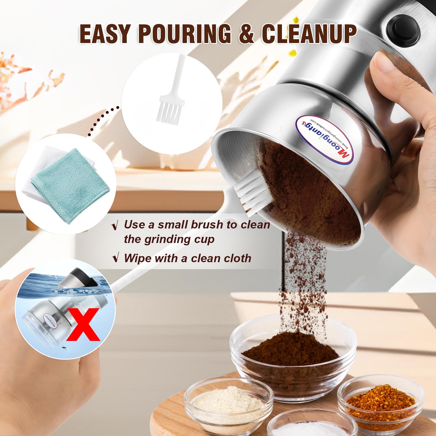 Moongiantgo Coffee Grinder Electric, Mini Spice Grinder, 200W 10s Fast Grinding, Dry Grain Mill for Spices Seeds Rice Beans Seasonings, with Replacment Stainless Steel Blade (Silver, 110V)