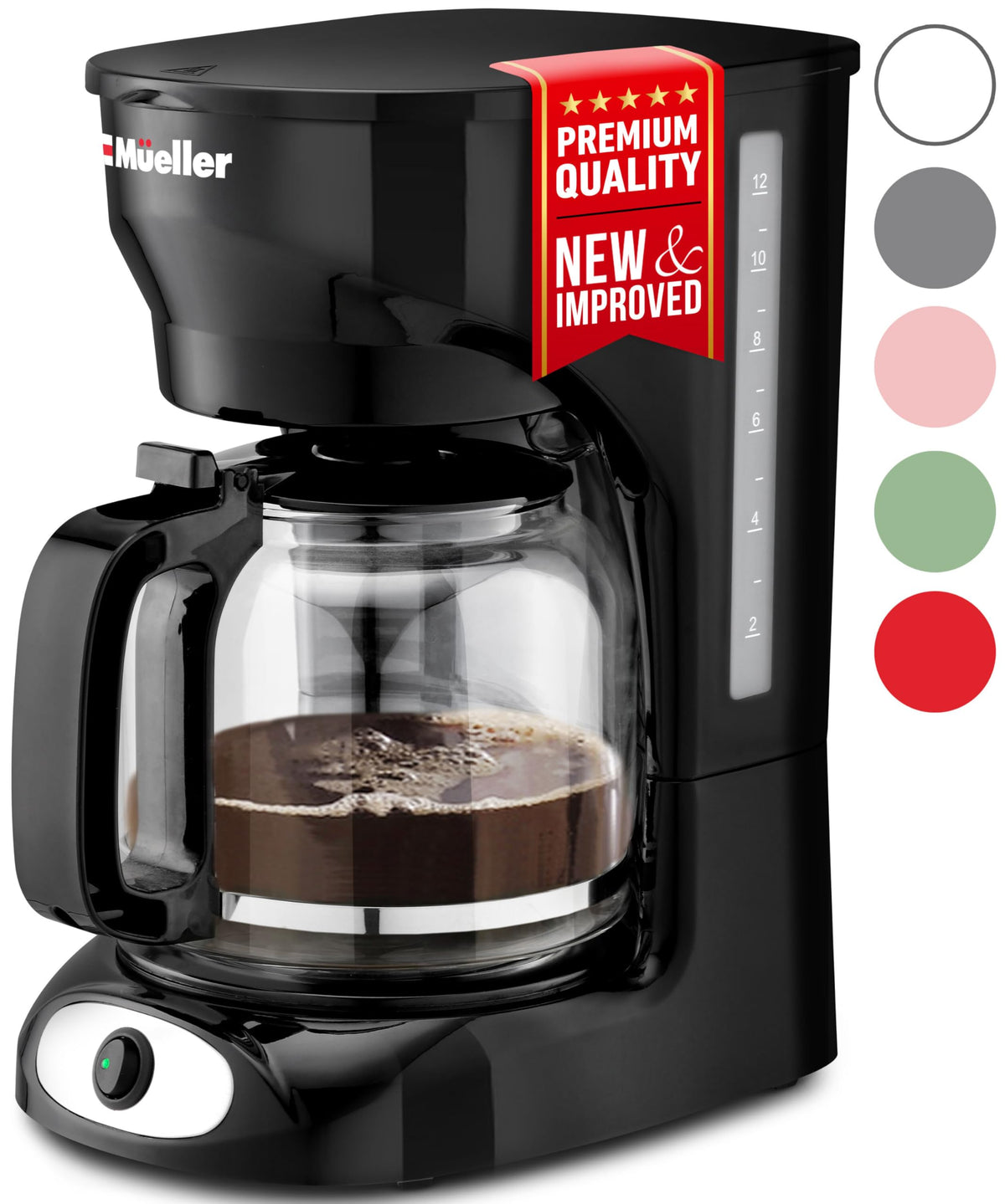 Mueller 12-Cup Drip Coffee Maker - Borosilicate Carafe, Auto-Off, Reusable Filter, Anti-Drip, Keep-Warm Function, Clear Water Level Window Coffee Machine, Ideal for Home or Office