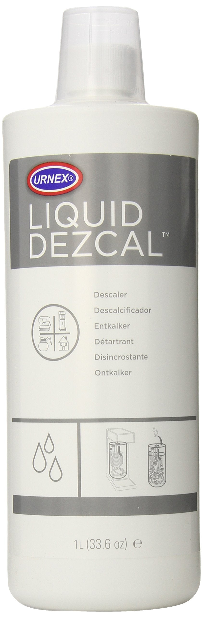 Urnex Liquid Dezcal Aktivierte Entkalkungslösung – 33,6 Unzen (8 Anwendungen) – Zur Verwendung mit Keurig 1.0/2.0, Kaffee- und Espressomaschinen für den Heimgebrauch, Wasserkochern, Dampfglättern