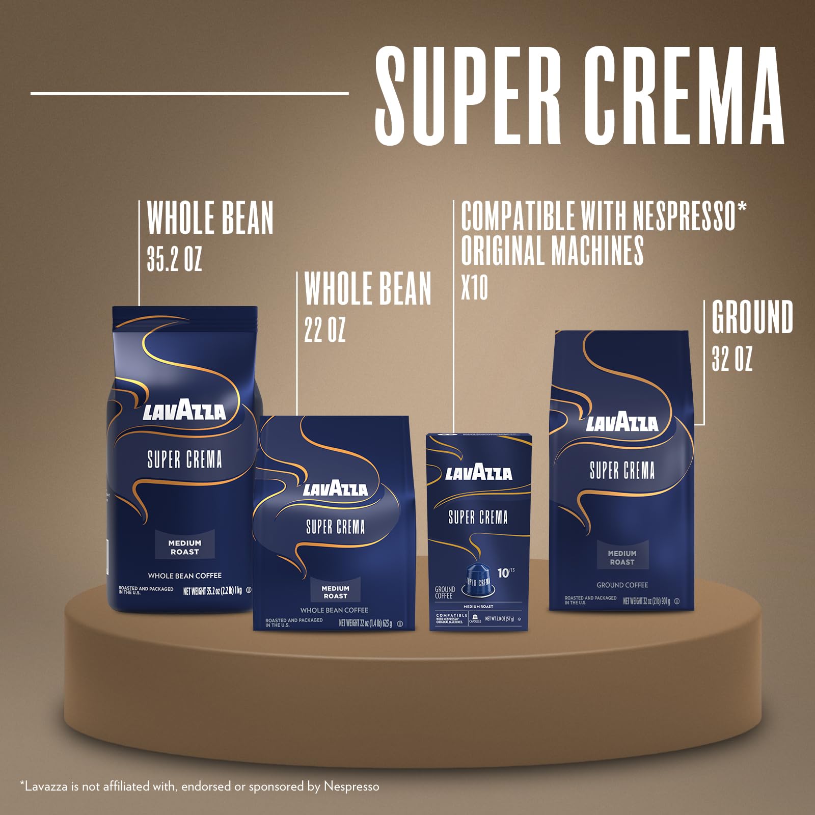 Lavazza Super Crema Whole Bean Coffee, Medium Espresso Roast, Arabica and Robusta Blend, 2.2 lb Bag, Package May Vary (Pack of 1)