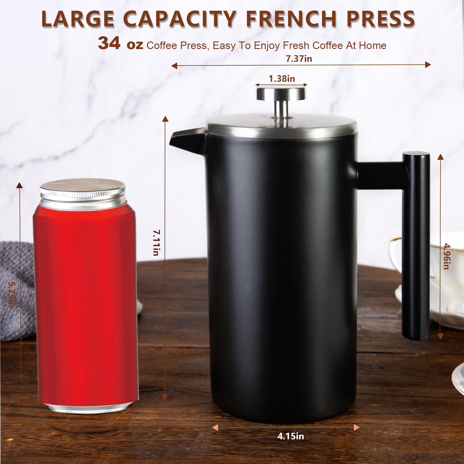 SZHETEFU 34 OZ Large French Press, Premium Stainless Steel Sturdy Insulated French Press Coffee Maker, 4-8 Cups French Coffee Press, Tea Presses for Home Kitchen Caming Loose Tea, Elegant Black