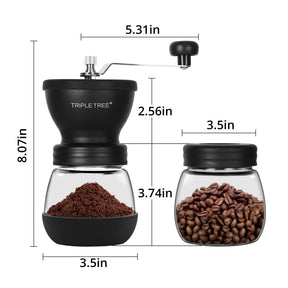 Manual Coffee Grinder with Ceramic Burrs and Lengthen Stainless Steel Handle, Hand Coffee Mill with 2 Glass Jars(11oz each), Brush and Tablespoon Scoop, Coffee Bean Grinder for Home, Camping, Black