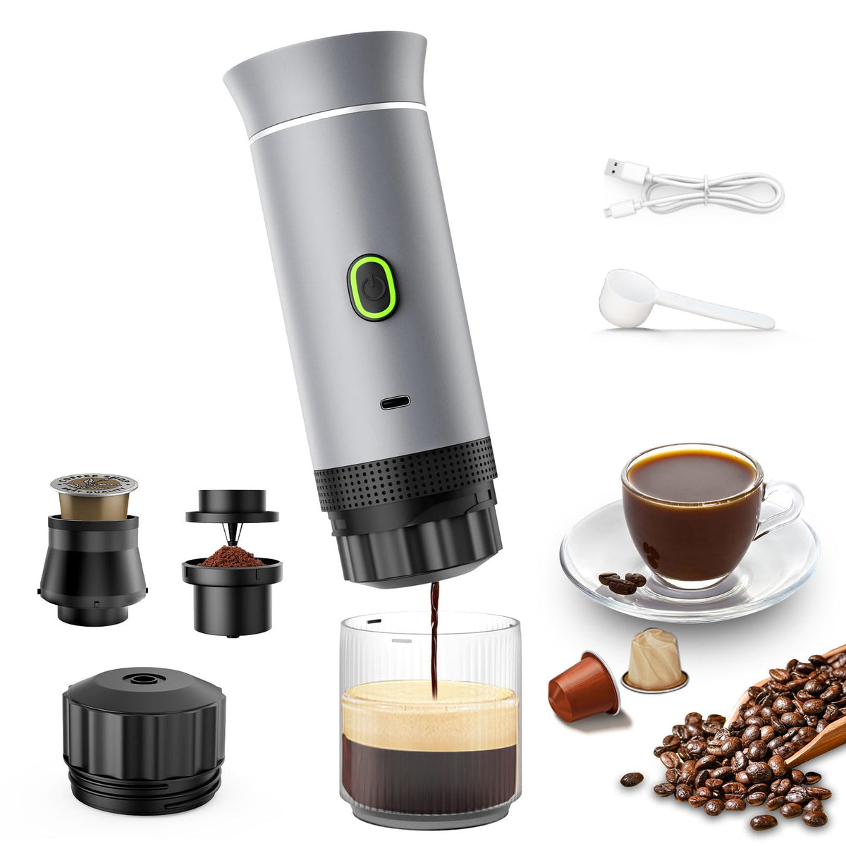 Tragbarer 3-in-1-Espressokocher, Mini-Kaffeemaschine für unterwegs, selbsterhitzende Auto-Kaffeemaschine mit USB-C, kleine Espressomaschine mit gemahlenem Kaffee und Kapseln (NS &amp; DG) für Wohnmobil, Wandern, Büro (Silber)