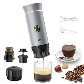 Tragbarer 3-in-1-Espressokocher, Mini-Kaffeemaschine für unterwegs, selbsterhitzende Auto-Kaffeemaschine mit USB-C, kleine Espressomaschine mit gemahlenem Kaffee und Kapseln (NS &amp; DG) für Wohnmobil, Wandern, Büro (Silber)