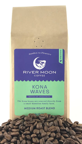 River Moon Coffee, Kona Coffee Whole Bean, Medium Roast, 16 Ounce, Kona Waves Hawaiian Blend, Sustainably Farmed, 100% Arabica