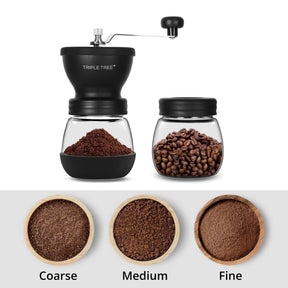 Manual Coffee Grinder with Ceramic Burrs and Lengthen Stainless Steel Handle, Hand Coffee Mill with 2 Glass Jars(11oz each), Brush and Tablespoon Scoop, Coffee Bean Grinder for Home, Camping, Black