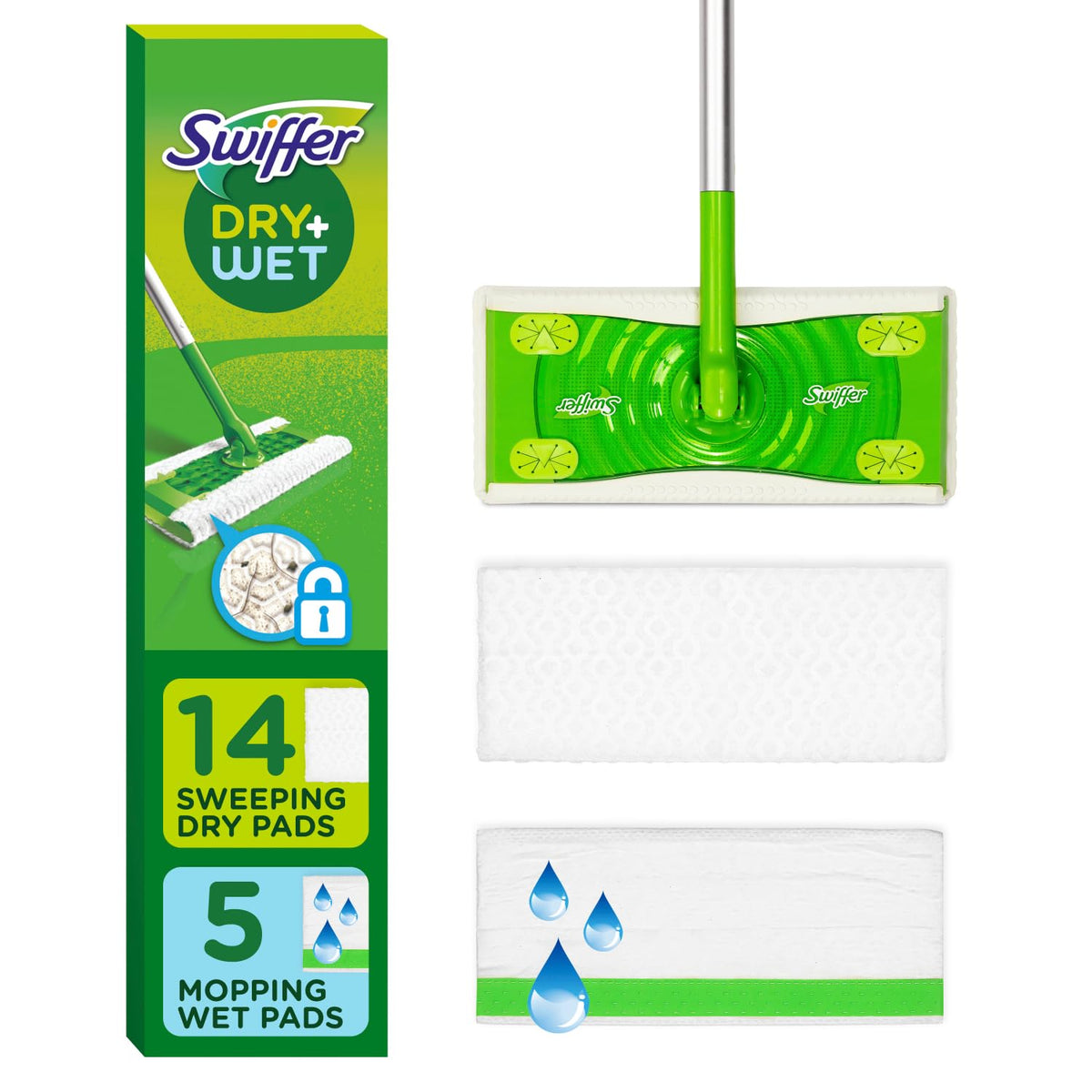 Swiffer スイーパー 2-in-1 乾式+湿式フロアモップ&amp;スイーピングキット、床掃除用マルチサーフェスキット、キットにはスイーパー1台、乾式スイーピングクロス14枚、湿式モップクロス5枚が含まれます