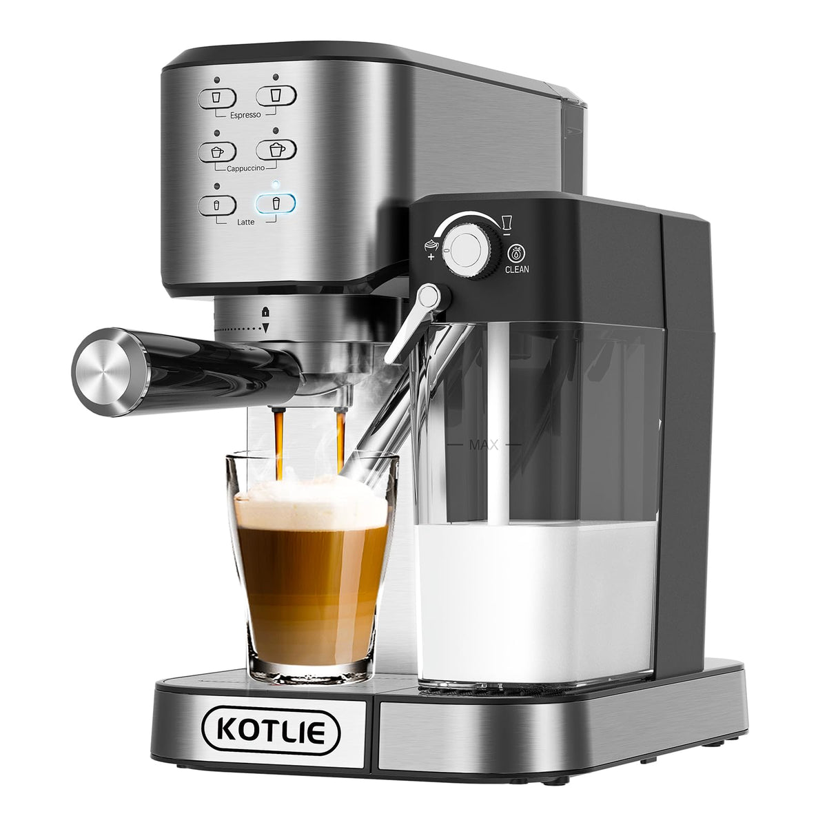 KOTLIE Espressomaschine mit Milchaufschäumer, One-Touch-Kaffeemaschine für Espresso/Cappuccino/Latte, ESE-Pad-kompatibel, 20-Bar-Pumpe, Dual-Heat-System 1350 W und 900 W (120 Volt) (Metall)