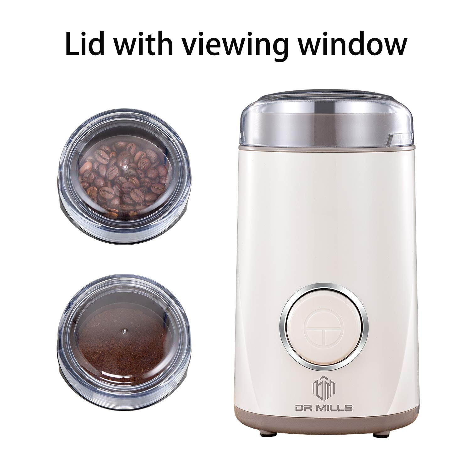 DR MILLS DM-7441 Coffee Grinder Electric, Coffee Bean and Dried Spice Grinder, One Touch Operation, Blade and cup made with SUS304 stainless steel (White)