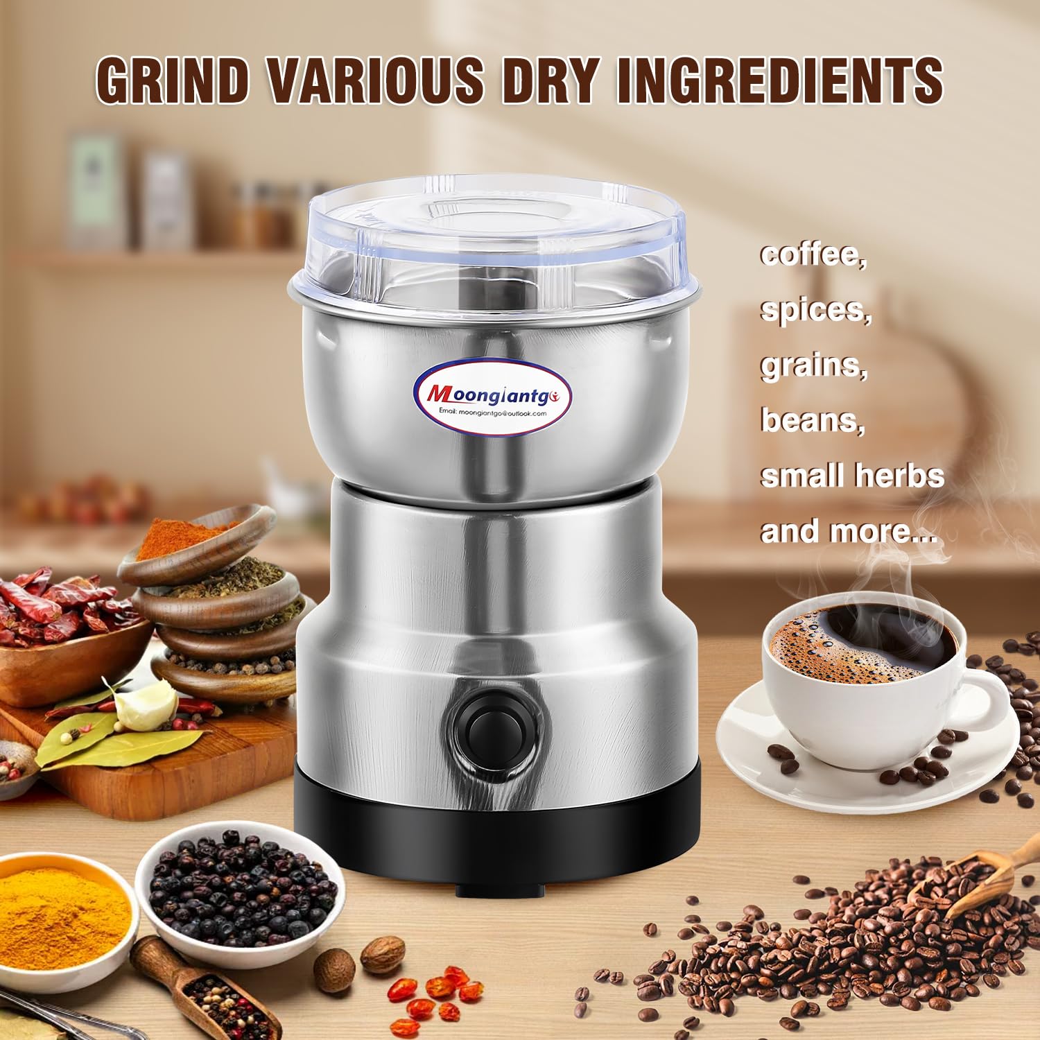 Moongiantgo Coffee Grinder Electric, Mini Spice Grinder, 200W 10s Fast Grinding, Dry Grain Mill for Spices Seeds Rice Beans Seasonings, with Replacment Stainless Steel Blade (Silver, 110V)