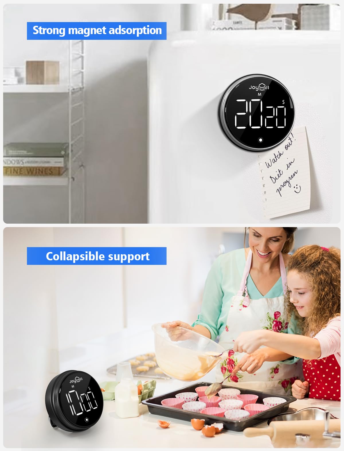 JOYHILL Digitaler Küchentimer, großes LED-Display mit magnetischem Countdown, 3 Lautstärkestufen, ideal zum Kochen, Unterricht, Lernen, Fitness, Timer für Kinder und Senioren, Schwarz