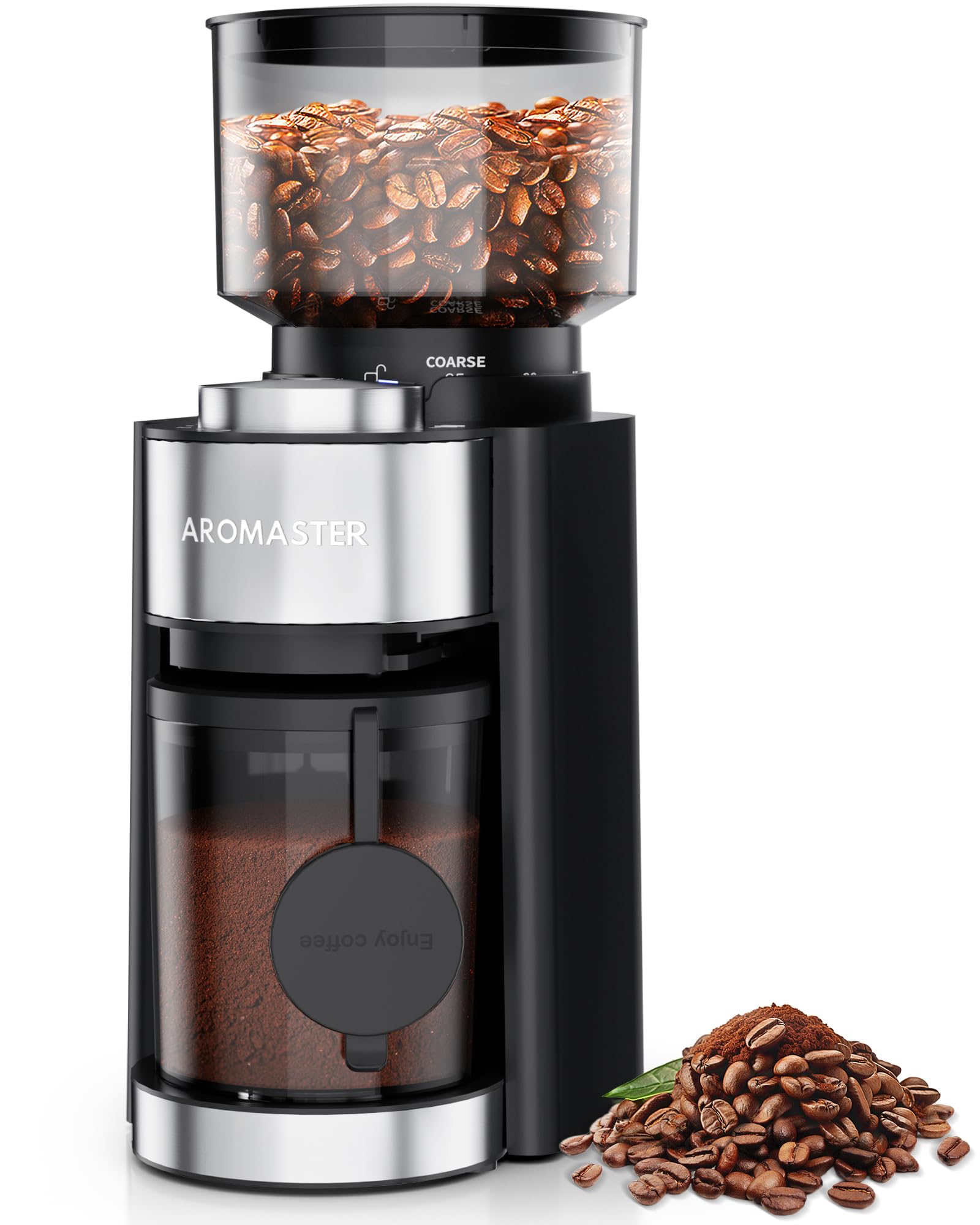 Aromaster Burr Coffee Grinder, Coffee Bean Grinder with 25 Grind Setting, 2-12 Cups Timer, Conical Coffee Grinders for Home Use, 3-Ears Portafilter Holder, Cleaning Brush, Black