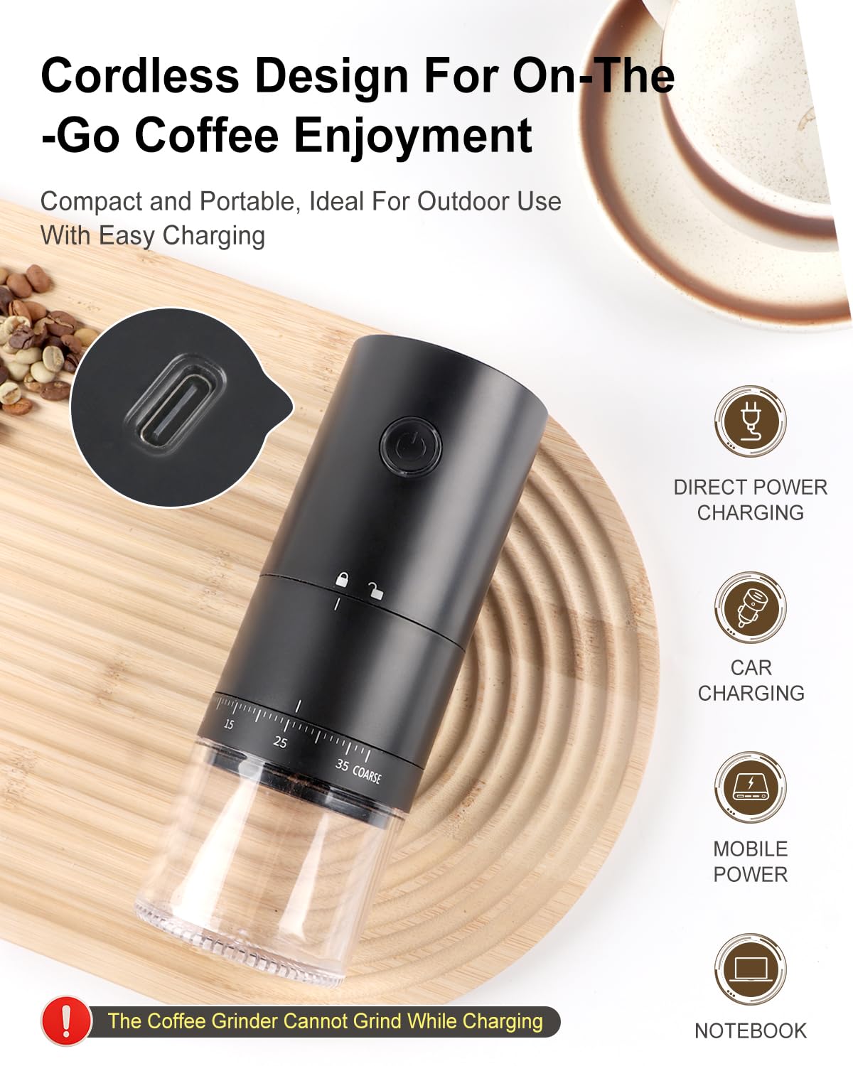 Lamido Portable Electric Coffee Grinder with Ceramic Burr - 38 Adjustable Grind Settings, One-Touch Operation, USB-C Rechargeable, Auto-Stop Function for Espresso, French Press, Travel & Home Use