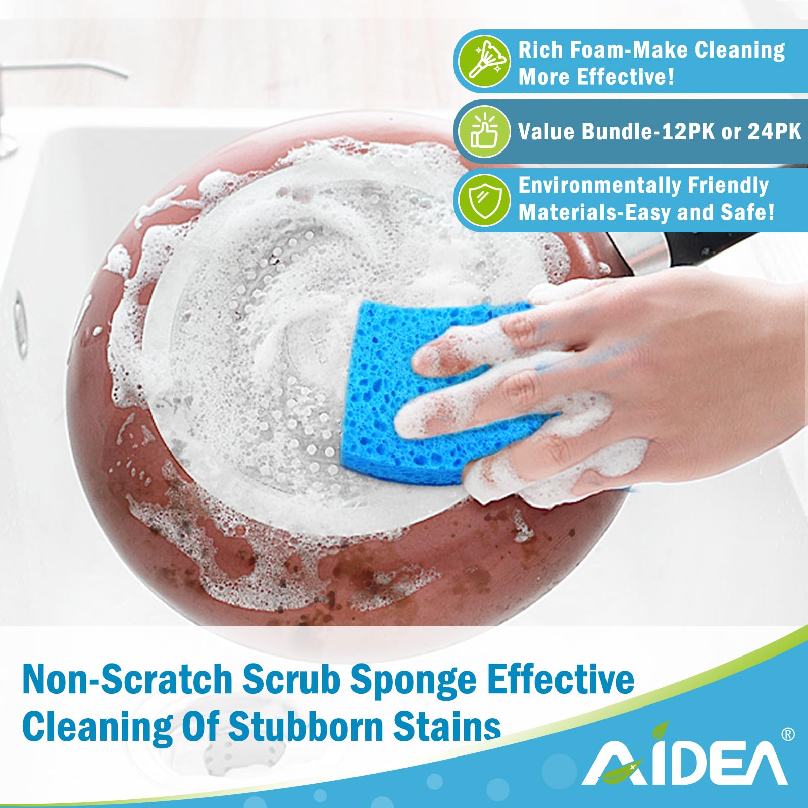 AIDEA Non Scratch Scrub Sponge, 24Count, Sponges for Dishes, Sponges Kitchen, Cleaning Sponge, Cleans Fast Without Scratching, Stands Up to Stuck-on Grime, Cleaning Power for Everyday Jobs