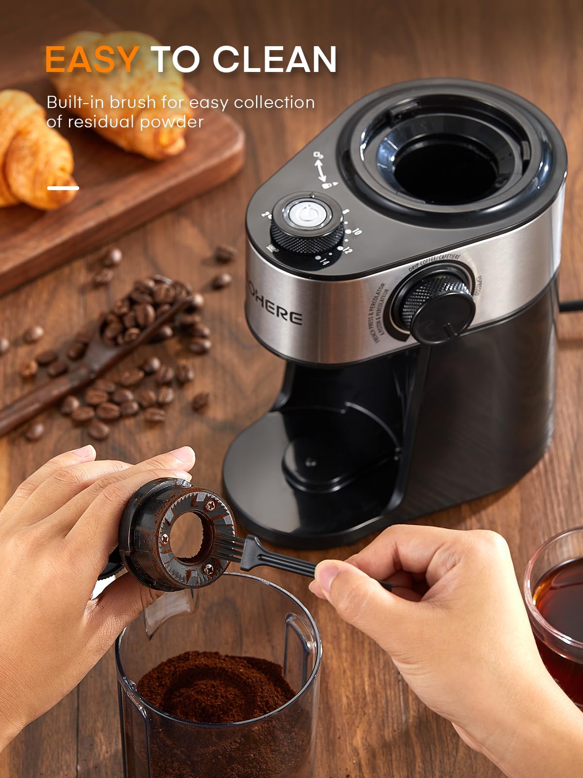 Burr Coffee Grinder Electric, Coffee Bean Grinder with 18 Precise Grind Settings, 14 Cup Automatic Flat Burr Coffee for French Press, Drip Coffee, and Espresso, Stainless Steel, Black