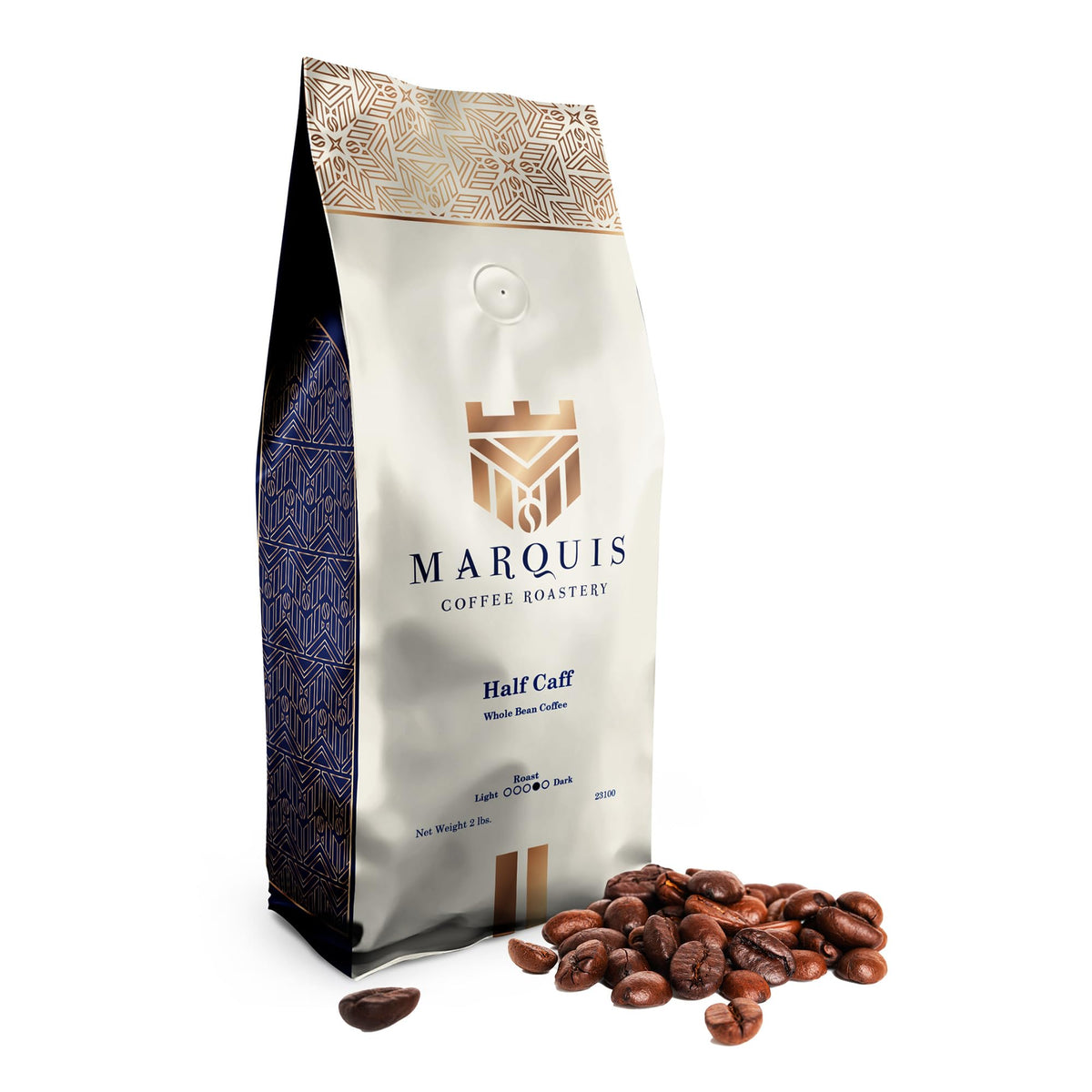 Marquis - Half Caff Coffee, Rich Blend of half Ethiopian Yirgacheffe and Half Decaf French Roast Coffee Beans, Fresh Dark Roast Coffee with a Fruity Flavor, Premium Half Caff Whole Bean Coffee, 2 lb