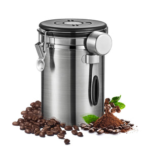 LAMLENT Large Coffee Container for Ground Coffee, 24OZ Coffee Beans Storage with Date Tracker, Stainless Steel Container with Spoon, Kitchen Food Container Jar for Cereal, Bean, Sugar (Silver, 24OZ)