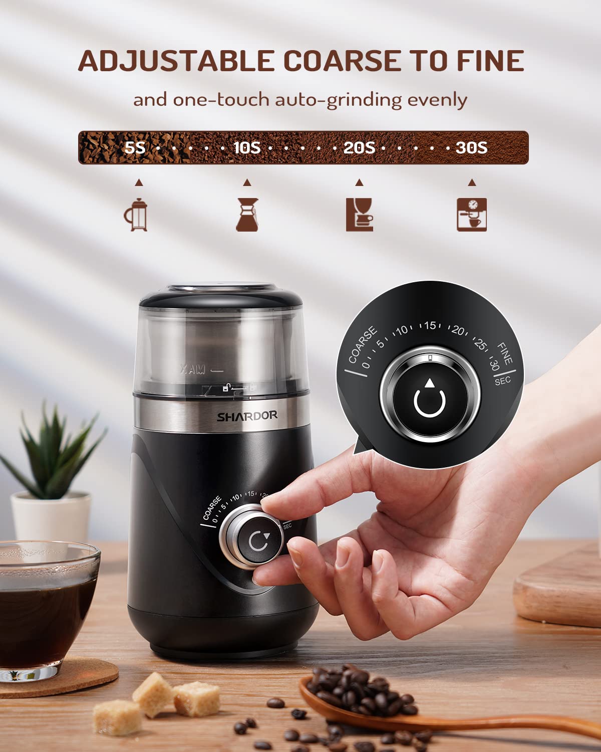 SHARDOR Adjustable Coffee Bean Grinder Electric, Herb/Spice Grinder, Espresso Grinder with 1 Removable Stainless Steel Bowl, Black