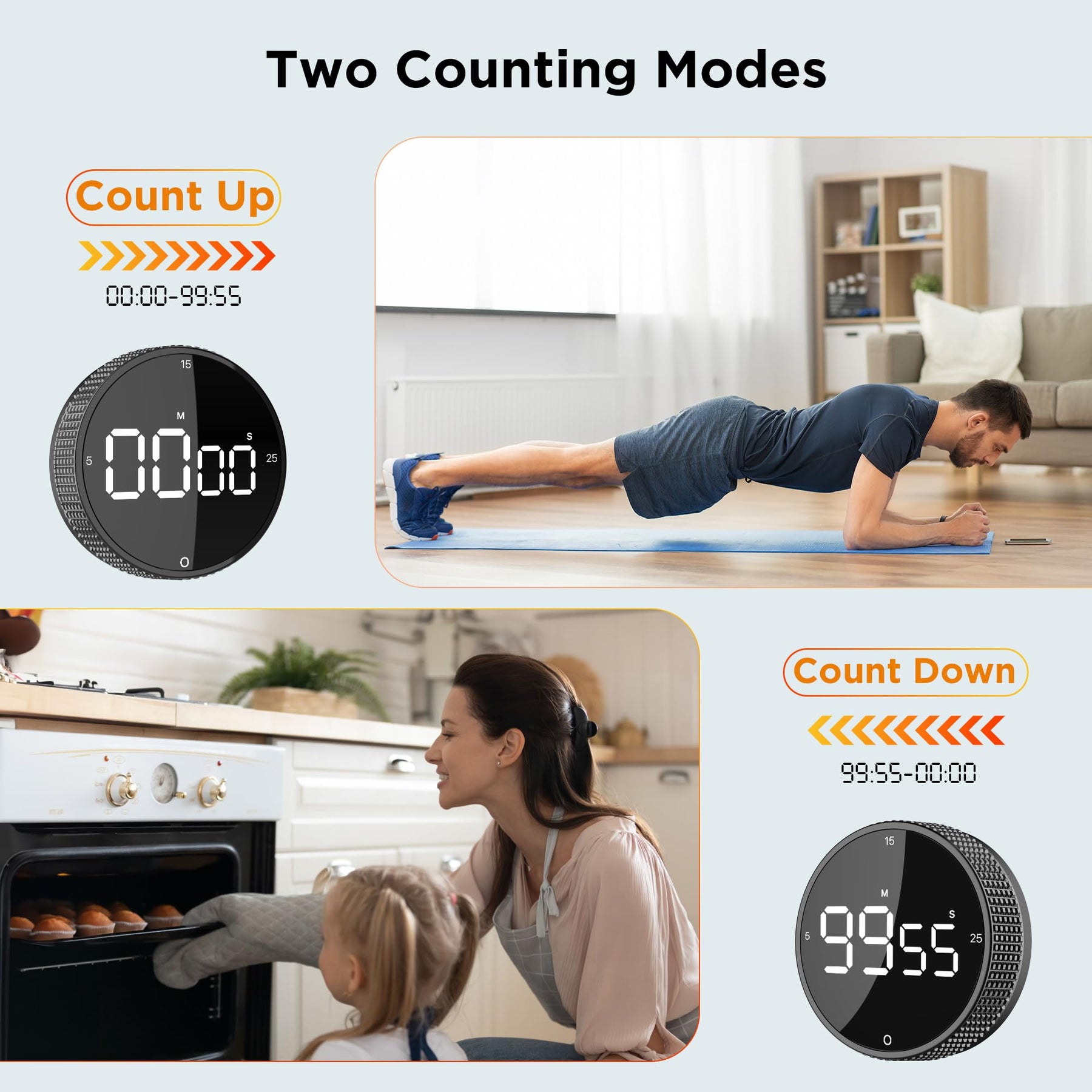 JUNVIL Upgrade Digital Kitchen Timer - Magnetic Countdown Countup Visual Pomodoro Timer with Large LED Display, 3-Preset Times (5, 15, 25), 3 Volume Levels, Ideal for Cooking, Baking and Fitness