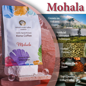 Volcanoking Coffee Mohala Hawaiian whole bean coffee, 100% Kona coffee beans Medium Dark Roast - Gourmet Kona Coffee From Hawaii's Largest Coffee Growe, Great for Espresso, Drip or French Press, 100% Arabica coffee beans（8.15 Ounces）,Coffee Grounds with