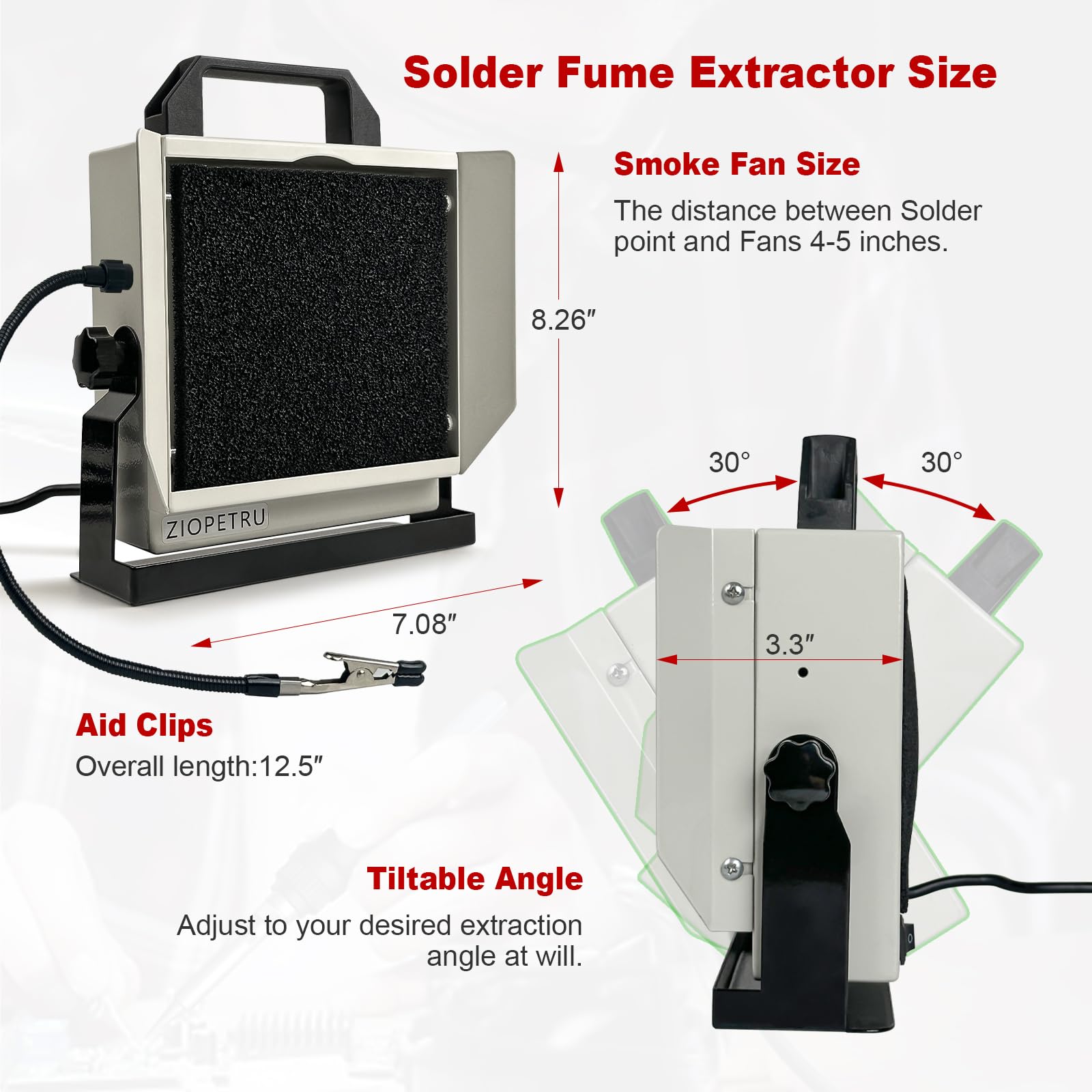 Ziopetru Solder Smoke Absorber, Multifunctional Solder Fume Extractor, Solder Fan with Tiltable Bracket, Fume Extractor Soldering, with 2 PCS Work Aid Clips Suitable for Soldering