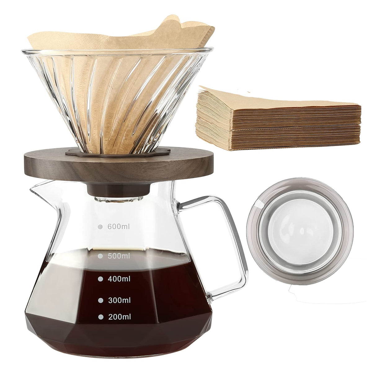 Lalord Pour Over-Kaffeemaschine, 20 oz Borosilikatglas-Karaffe mit 100 Stück V60-Papierfilter von Gsform, Walnuss-Griff und Glasdeckel, Filterkaffeemaschine für Zuhause, Café, Restaurant, Camping, 600 ml, transparent