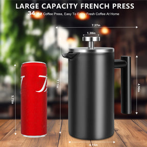 SZHETEFU 34 OZ Large French Press, Premium Stainless Steel Sturdy Insulated French Press Coffee Maker, 4-8 Cups French Coffee Press, Tea Presses for Home Kitchen Caming Loose Tea, Elegant Black