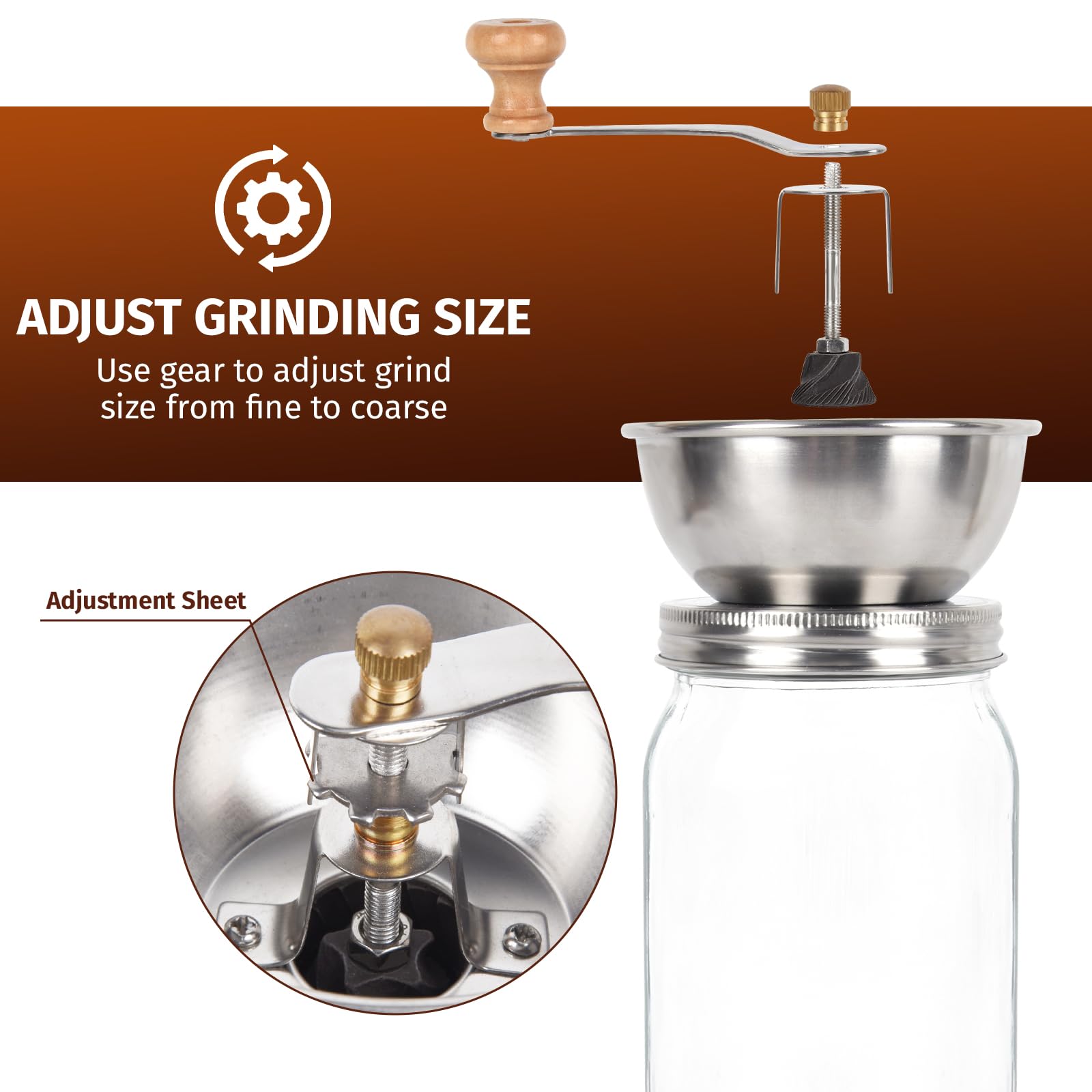 Mason Jar Coffee Grinder, Manual Coffee Grinder Lid Attachment for Regular Mouth Mason Jars, Stainless Steel Mason Jar Lid and Ceramic Burr, Mason Jar Accessories Ideal for Camping & Home Barista