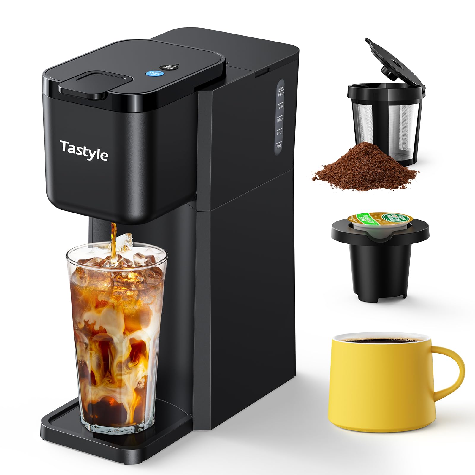 Tastyle Mini-Kaffeemaschine für Heiß- und Eiskaffee, Einzelportion, für K-Cup und gemahlenen Kaffee, Brühgrößen von 6 bis 14 oz, mit Rezeptbuch, für Zuhause, auf Reisen, im Wohnmobil, im Büro und im Wohnheim, klassisches Schwarz (Version 2.0)