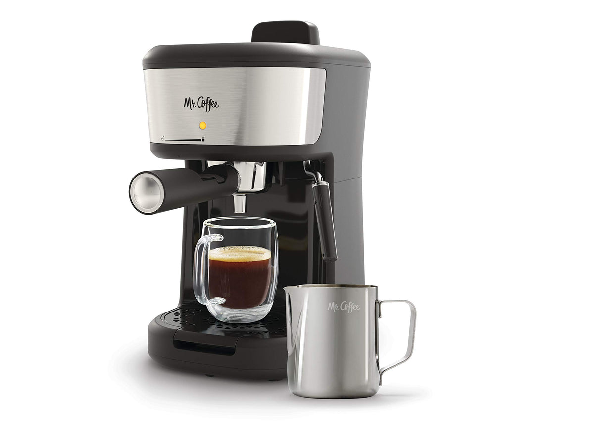 Mr. Coffee Espresso- und Cappuccinomaschine, Einzelportions-Kaffeemaschine mit Milchaufschäumkännchen und Dampfdüse, 20 Unzen, Edelstahl, Schwarz