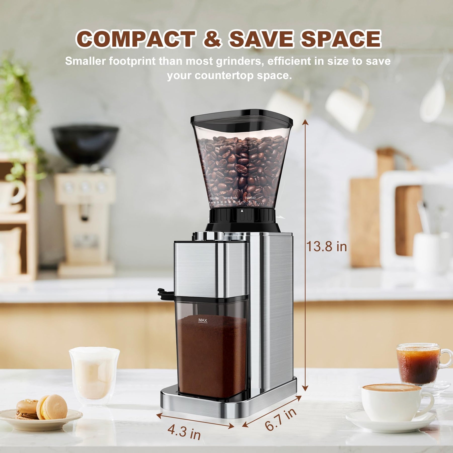 BinROC Conical Burr Coffee Grinder Electric, Espresso Coffee Bean Grinder Home Use Upgraded Adjustable 48 Grind Settings, Precision Timer, Stainless Steel, Anti-Static for Pour Over/Drip/French Press