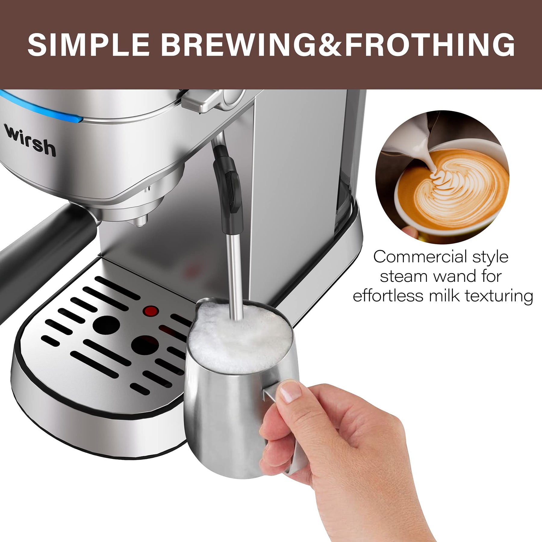 wirsh Espresso Machine,20 Bar Espresso Maker with Commercial Steamer for Latte and Cappuccino, Expresso Coffee Machine with 42 oz Removable Water Tank,Stainless Steel (Home Barista)