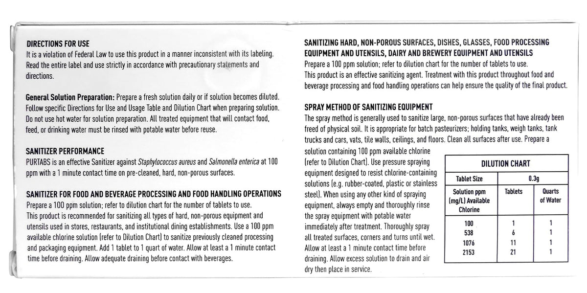 PurTabs 334mg Sanitizer Tablets, NSF D2 Certified, Food Safe, 99.9% Virus & Bacteria Kill, Hypochlorous Acid (HOCl), Cleans, Deodorizes & Disinfects