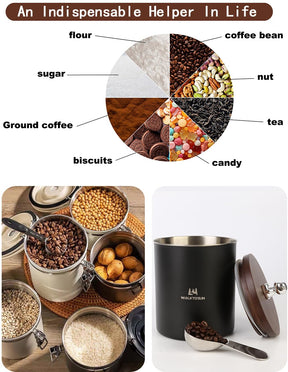 Walktosun Coffee Canisters Airtight Food Storage Container with Wooden Lid Seal Coffee Canisters Stainless Steel Jar with Scoop for Tea, Brown Sugar, Flour (1400ML,Black With Spoon)